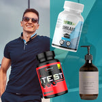 Black wellness bundle for men featuring skincare, supplements, and grooming products in a sleek black package.