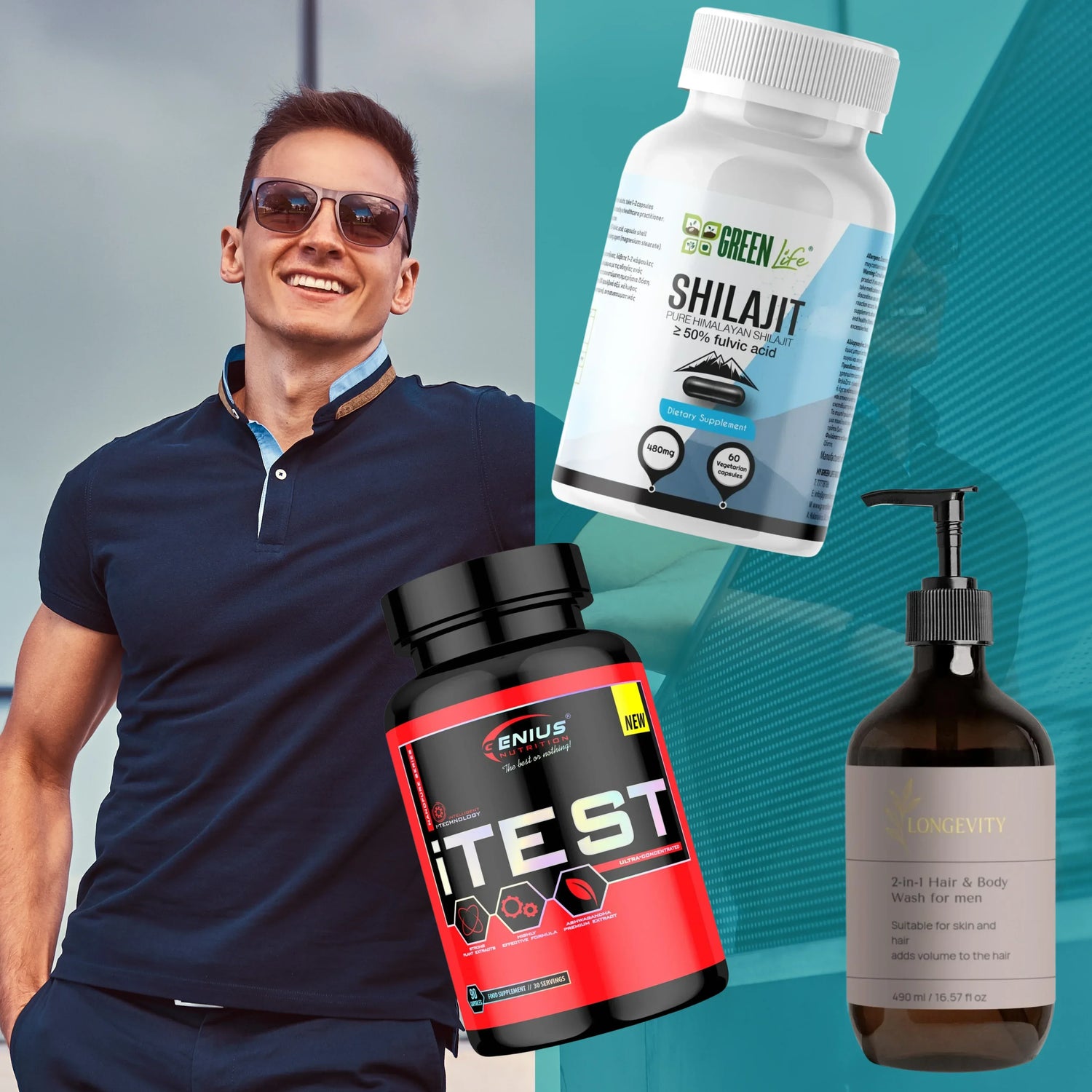 Black wellness bundle for men featuring skincare, supplements, and grooming products in a sleek black package.