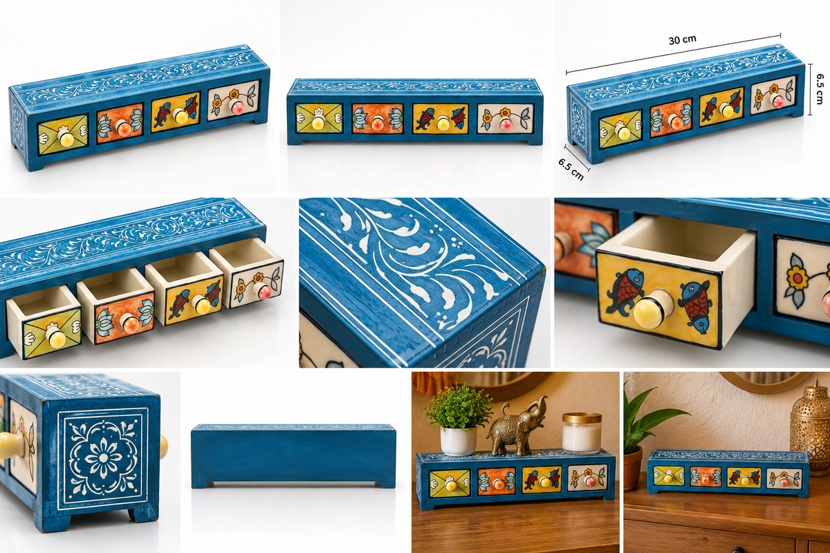 Blue floral ceramic Indian Bloom decorative 4-drawer storage chest by GREEN LIFE WORLD for home decor.