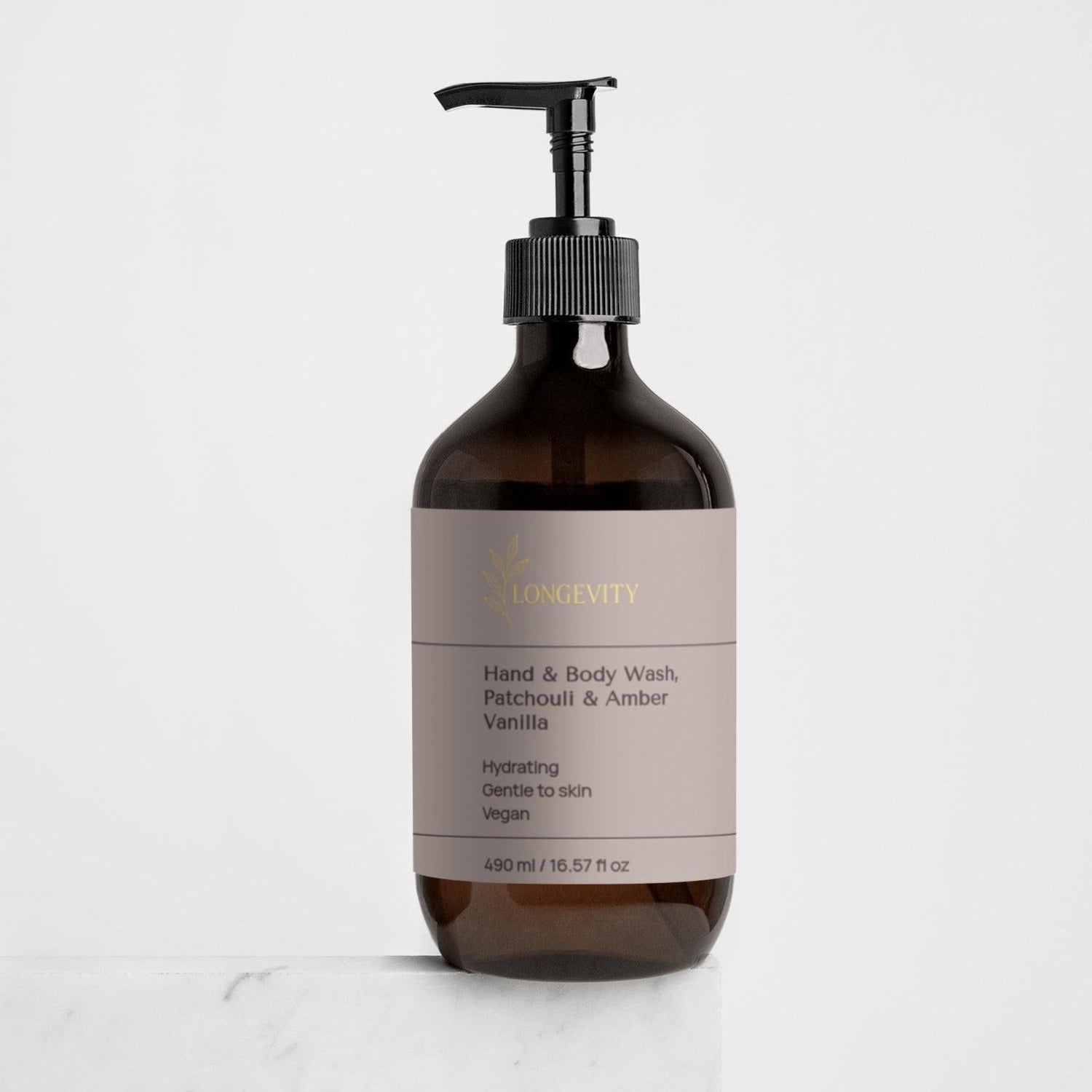 SELFMAMED Longevity Hand & Body Wash in Patchouli & Amber Vanilla, 490 ml, featuring a sleek bottle and rich, aromatic ingredients.