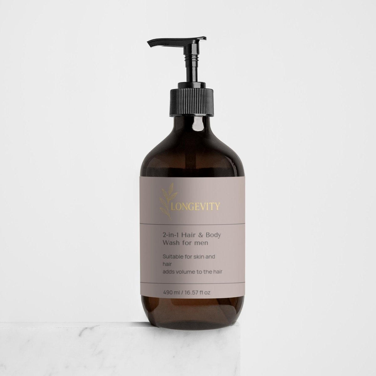 SELNAMED Longevity 2-in-1 Hair and Body Wash for men in a 490ml bottle, featuring a sleek marble design on the label.