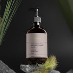 SelfNamed Longevity Hand and Body Wash with Patchouli, Amber, and Vanilla in a 490ml bottle, featuring Boston Rocks design.