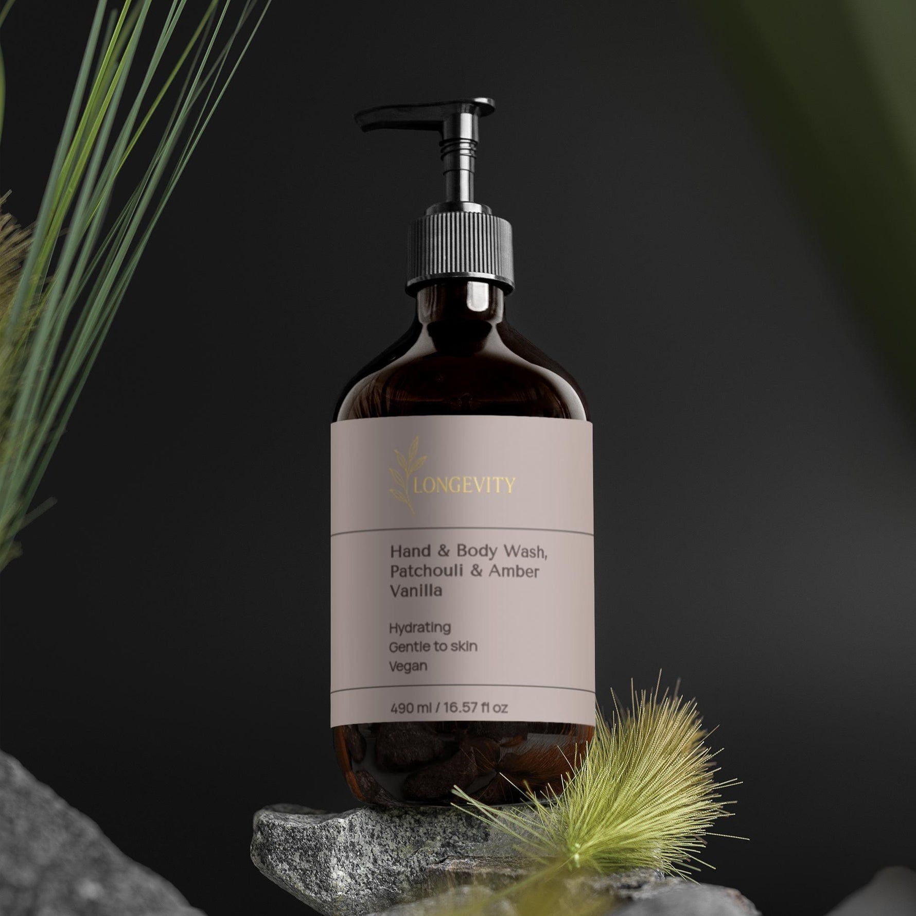 SelfNamed Longevity Hand and Body Wash with Patchouli, Amber, and Vanilla in a 490ml bottle, featuring Boston Rocks design.