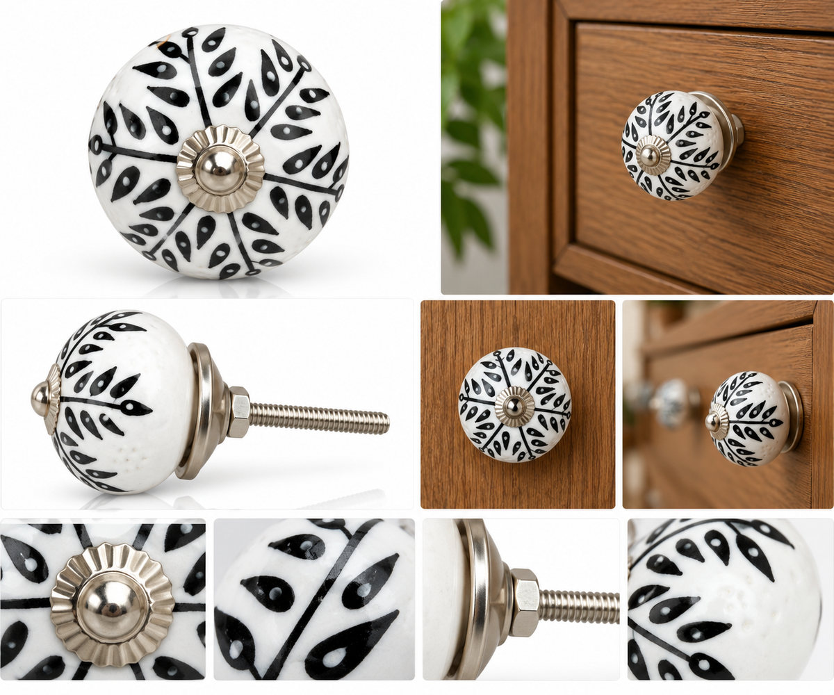 Handcrafted black and white floral ceramic cabinet knob by homes, decorative drawer pull for home decor, botanical design.