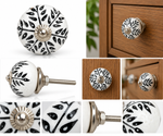 Handcrafted black and white floral ceramic cabinet knob by homes, decorative drawer pull for home decor, botanical design.