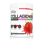 Genius Nutrition COLLAGEN-X5 supplement in wild strawberry flavor, 360g jar with 30 servings, featuring collagen powder in a container.