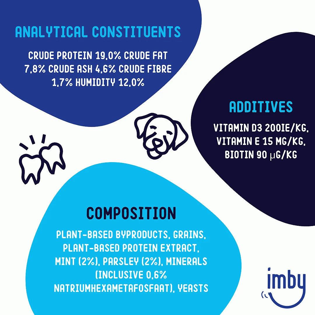 IMBY dental sticks for dogs, 100g package, showing textured dog treats designed for dental health.