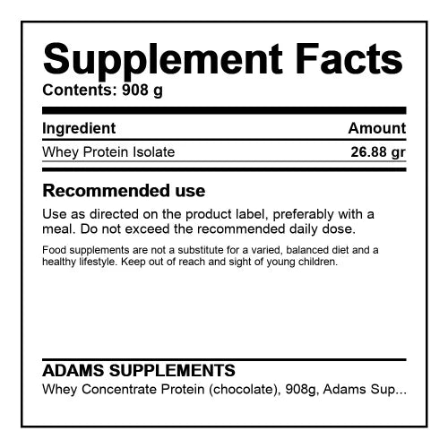 ADAMS SUPPLEMENTS chocolate whey concentrate protein powder, 908 g tub	RTLU