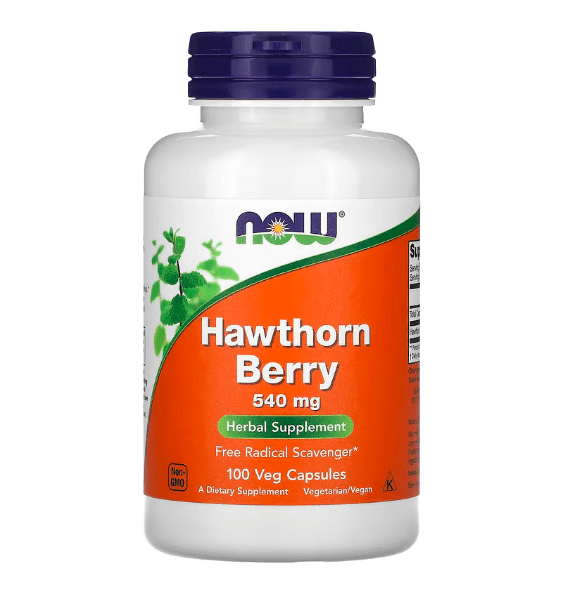 Vegetarian capsules of NOW Foods Hawthorn Berry supplement, 540 mg, in a clear container with a label showing the product name and dosage.