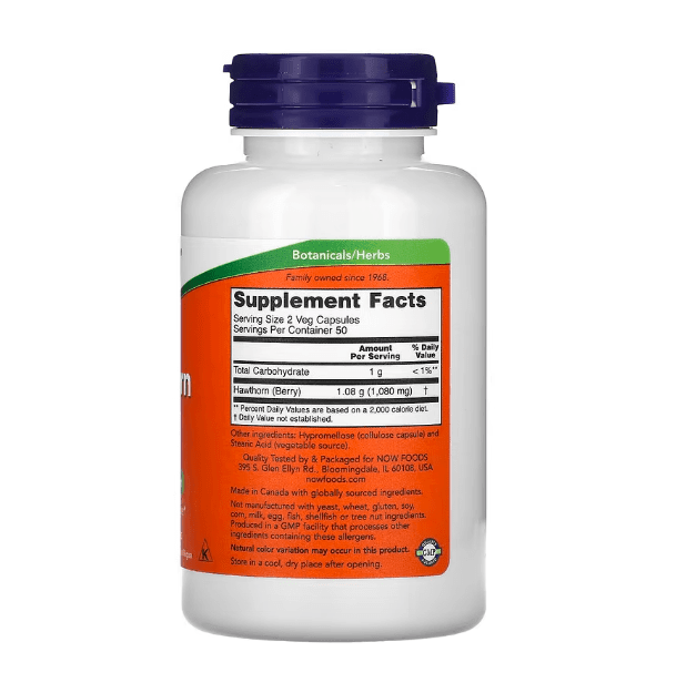 Supplement image showing NOW Foods Hawthorn Berry 540 mg in a bottle with 100 veggie capsules, for heart health support.