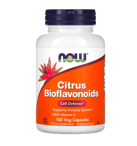 Bioflavonoids supplement in a bottle of 100 vegan capsules by MKSTAVRINOS, with orange citrus fruit in the background.