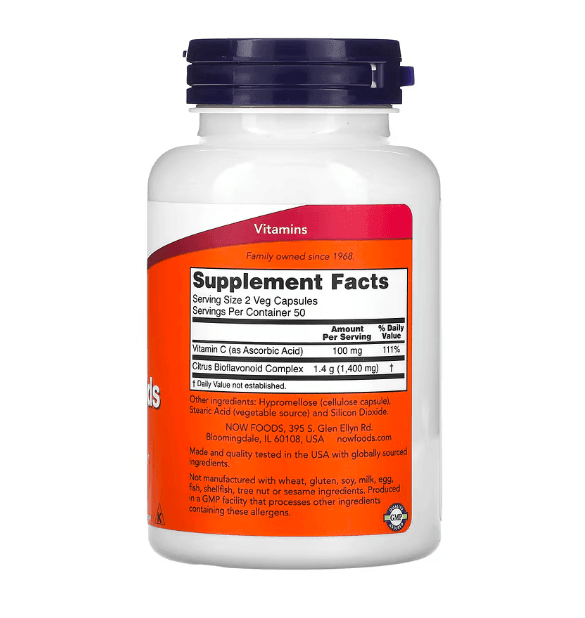 NOW Foods Citrus Bioflavonoids supplement in 100 vegetarian capsules, showing the supplement bottle and capsules inside.