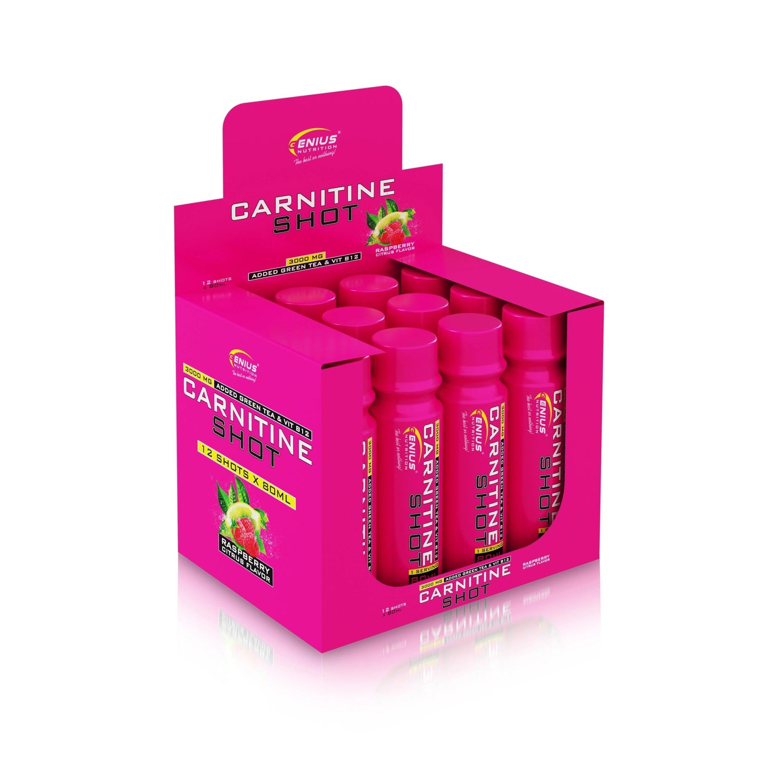 Genius Nutrition Carnitine Shot 80ml supplement bottle on a white background, showcasing the product packaging.