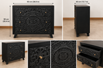 Black hand-carved wooden cabinet for home decor, showcasing intricate carved details and craftsmanship.