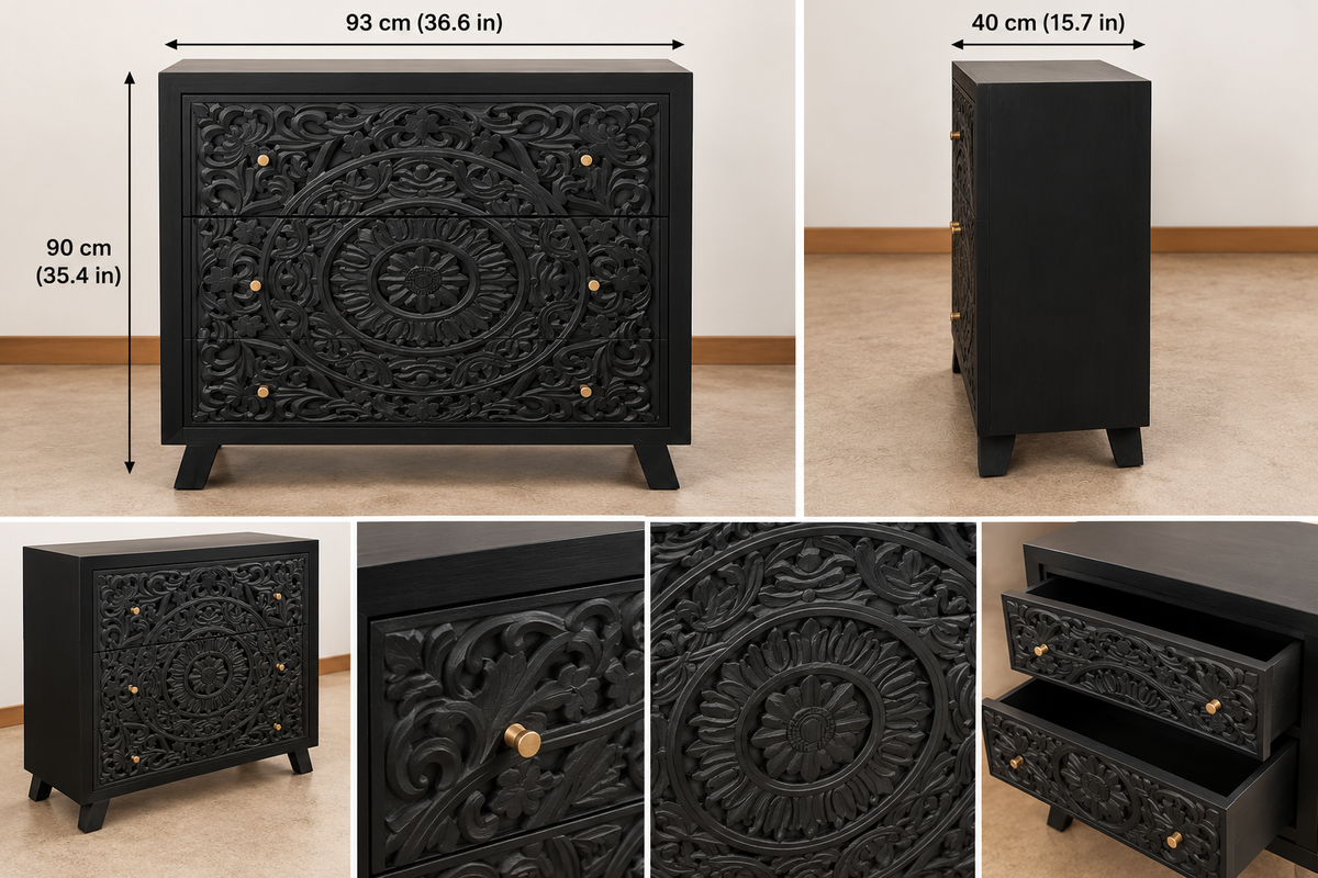 Black hand-carved wooden cabinet for home decor, showcasing intricate carved details and craftsmanship.