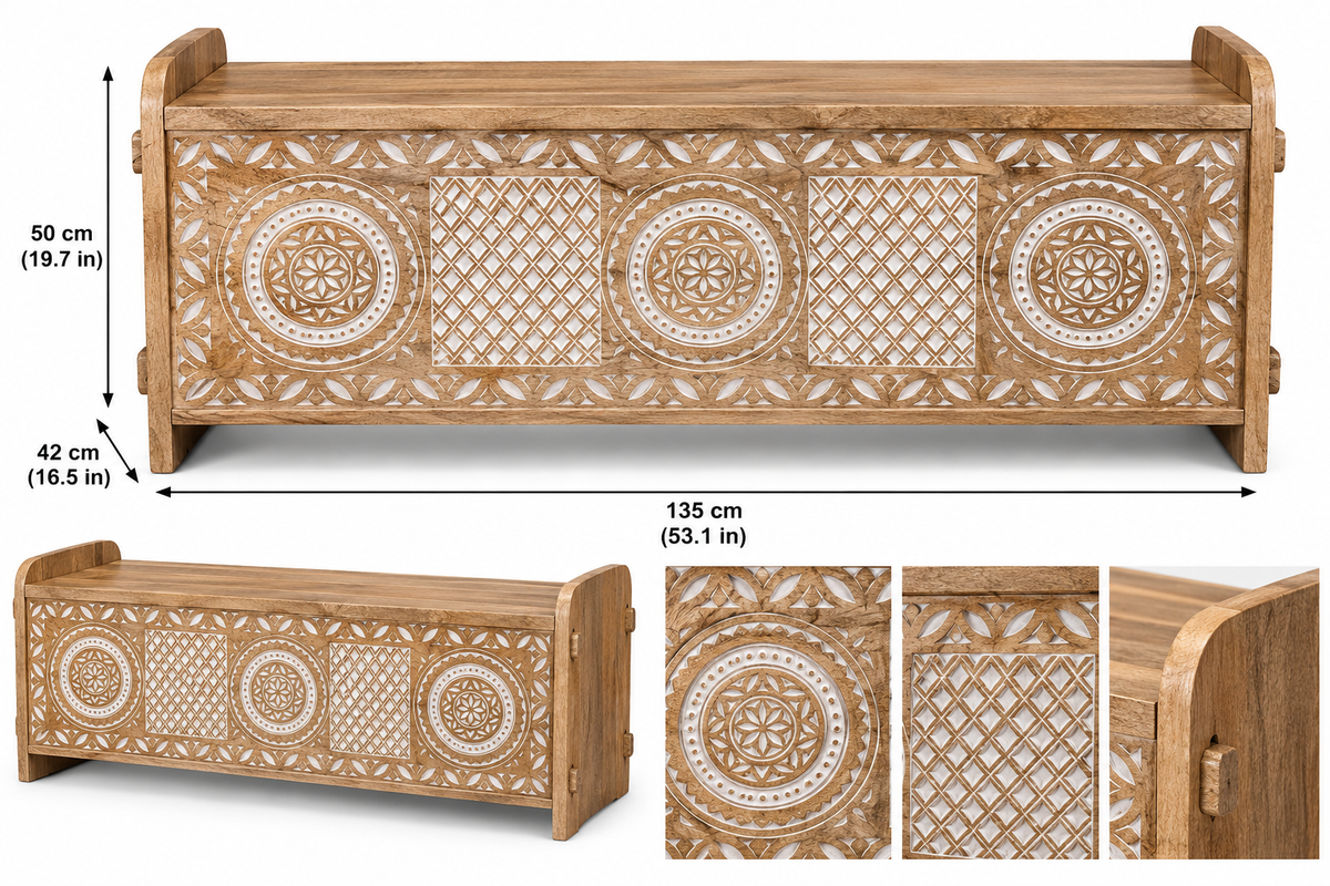 Hand-carved mango wood storage bench with whitewashed finish, featuring boho mandala and geometric design, ideal for home decor.