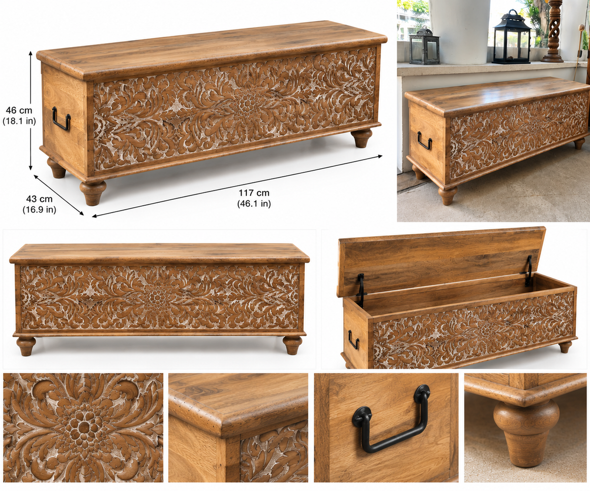 Hand-carved wooden storage chest with floral carvings, serves as a decorative blanket box and storage bench in home decor.