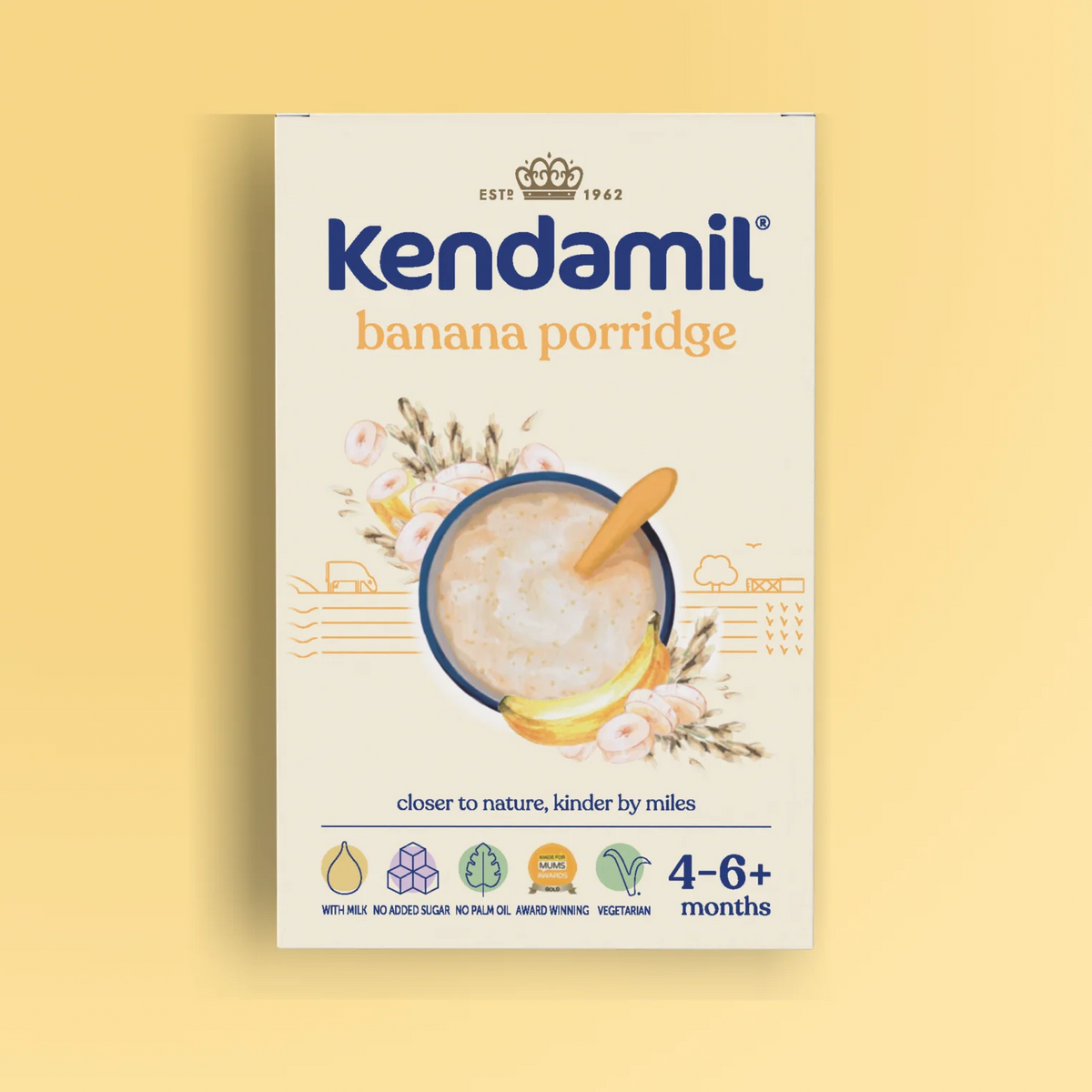 Kendamil banana baby porridge 150g for 4+ months, packaged in a cereal box, suitable for infants over 4 months.