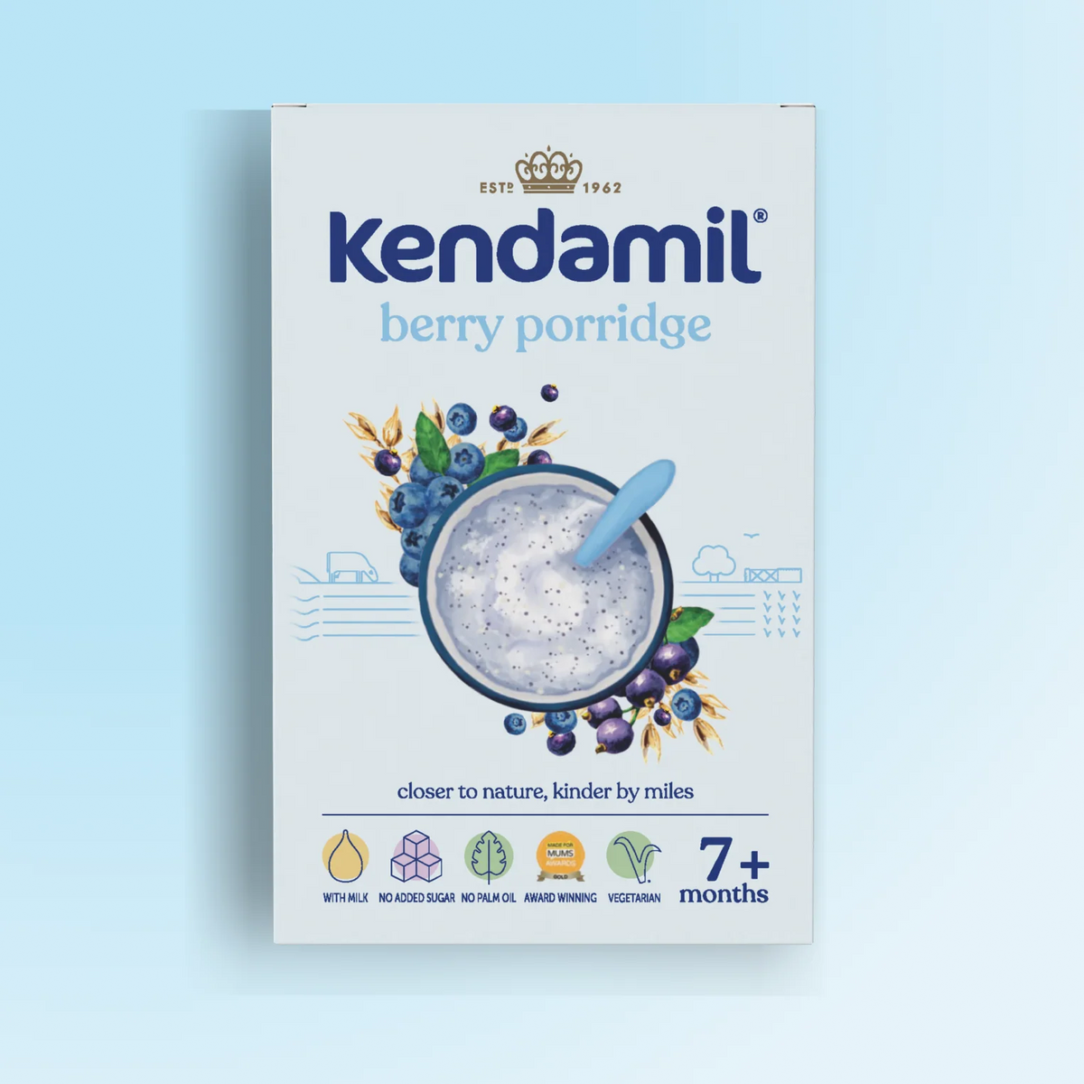 Kendamil Blueberry Porridge for babies 7+ months in 150g package, featuring blueberry flavor and baby cereal ingredients.