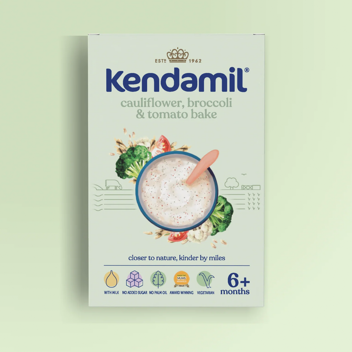 Kendamil baby cereal with cauliflower, broccoli, and tomato for 6+ months, in a colorful packaging featuring healthy vegetable imagery.