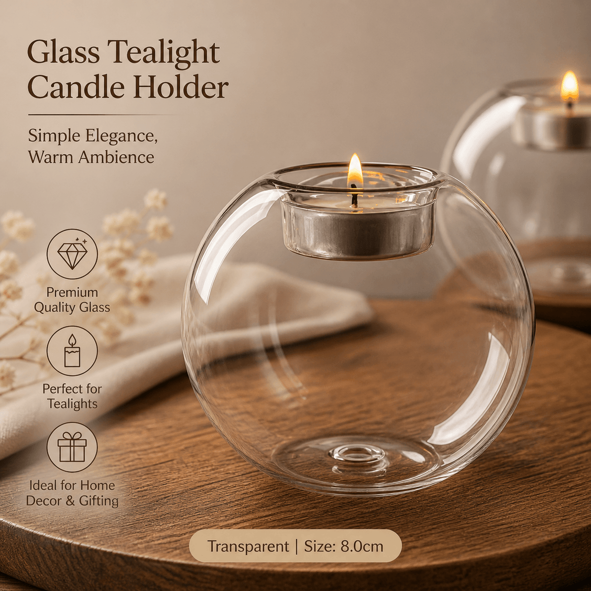 Crystal glass tealight candle holder with floating flame decor, elegant and transparent, perfect for stylish ambient lighting.