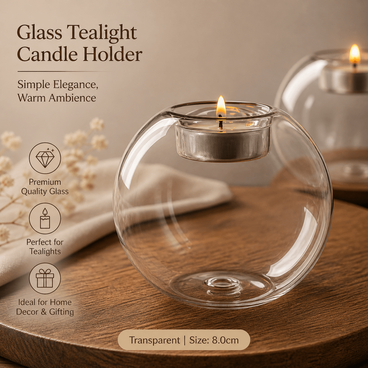 Crystal glass tealight candle holder with floating flame decor, elegant and transparent, perfect for stylish ambient lighting.