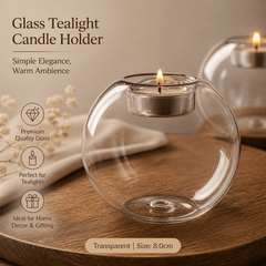 Crystal glass tealight candle holder with floating flame decor, elegant and transparent, perfect for stylish ambient lighting.