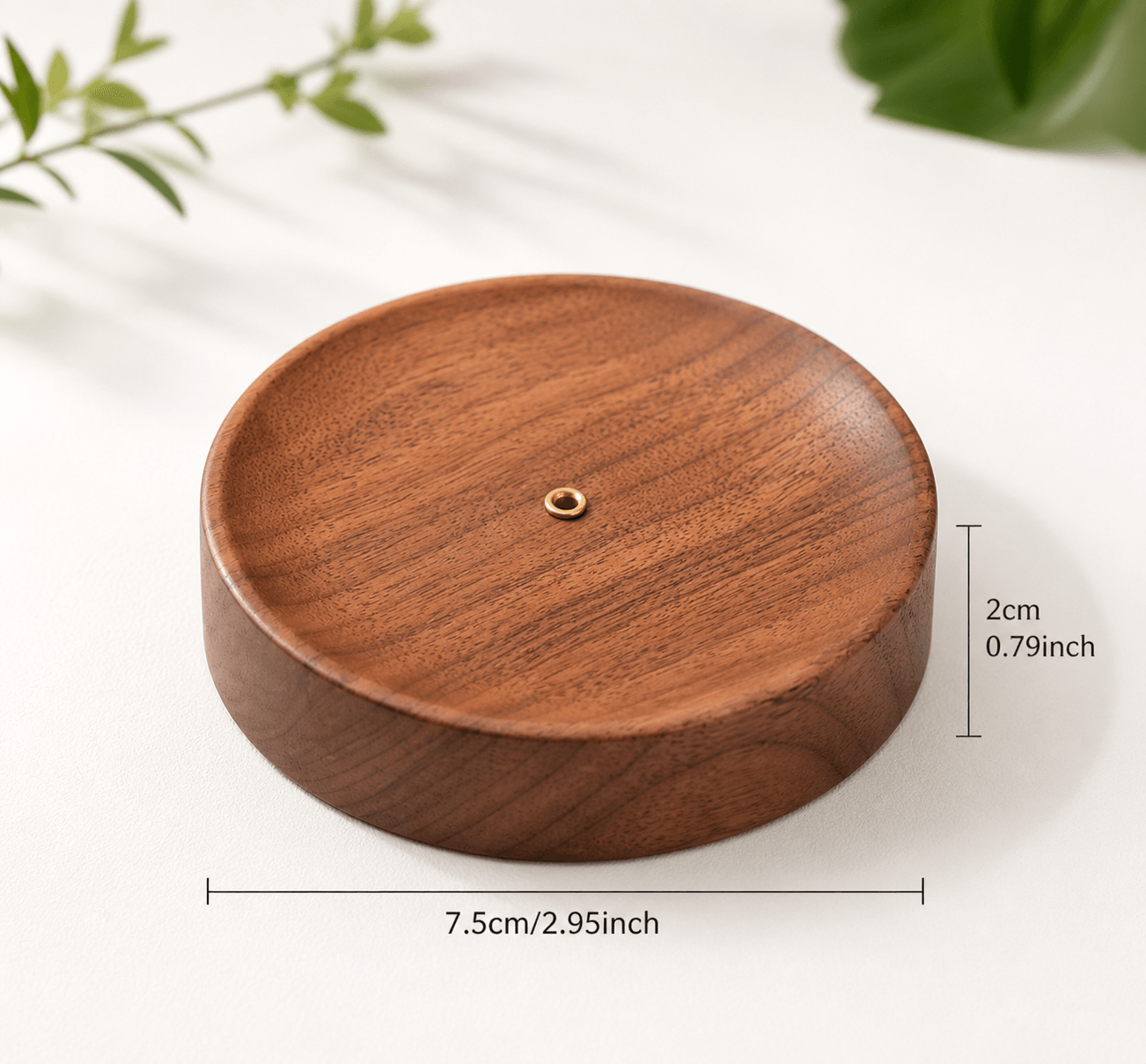Natural walnut wood incense holder with minimalist design, featuring a sleek, modern shape for holding incense sticks securely.