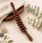 Wooden 9-wheel Gua Sha massage roller by TEMU, designed for full body lymphatic drainage and muscle therapy.