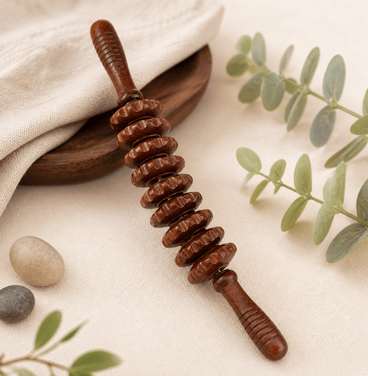 Wooden 9-wheel Gua Sha massage roller by TEMU, designed for full body lymphatic drainage and muscle therapy.