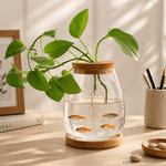 Transparent water plant vase with cork stopper, perfect for aquatic plants and decorative displays.