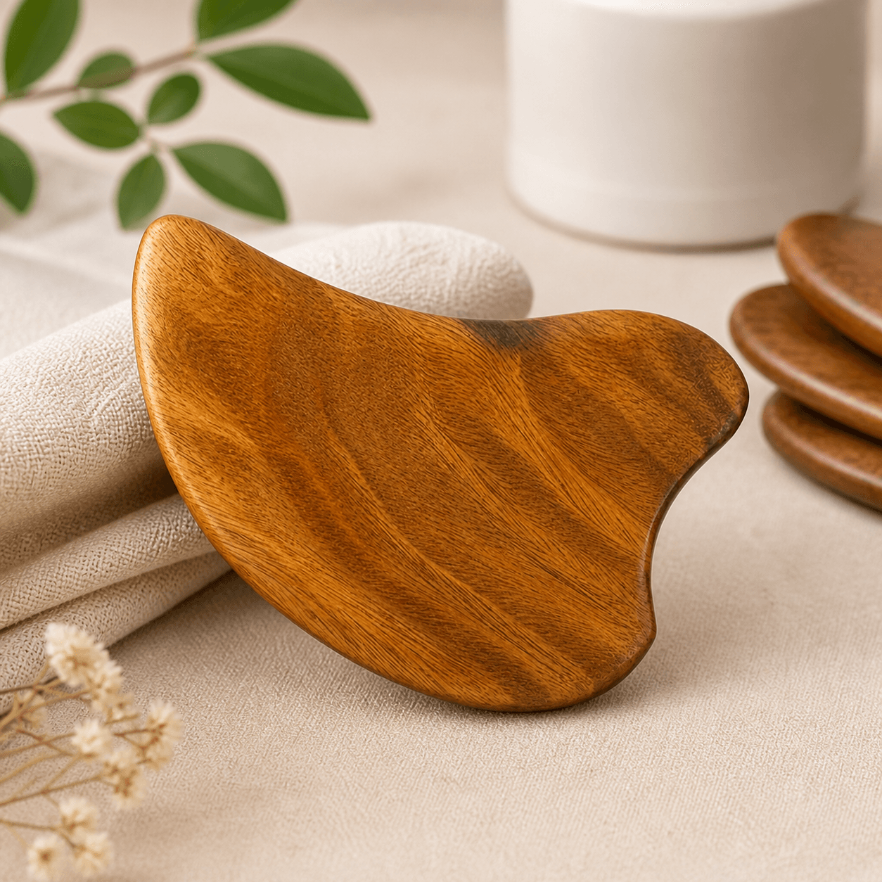 Natural sandalwood Gua Sha facial tool by TEMU, ergonomic wooden massage tool for face and body skincare.