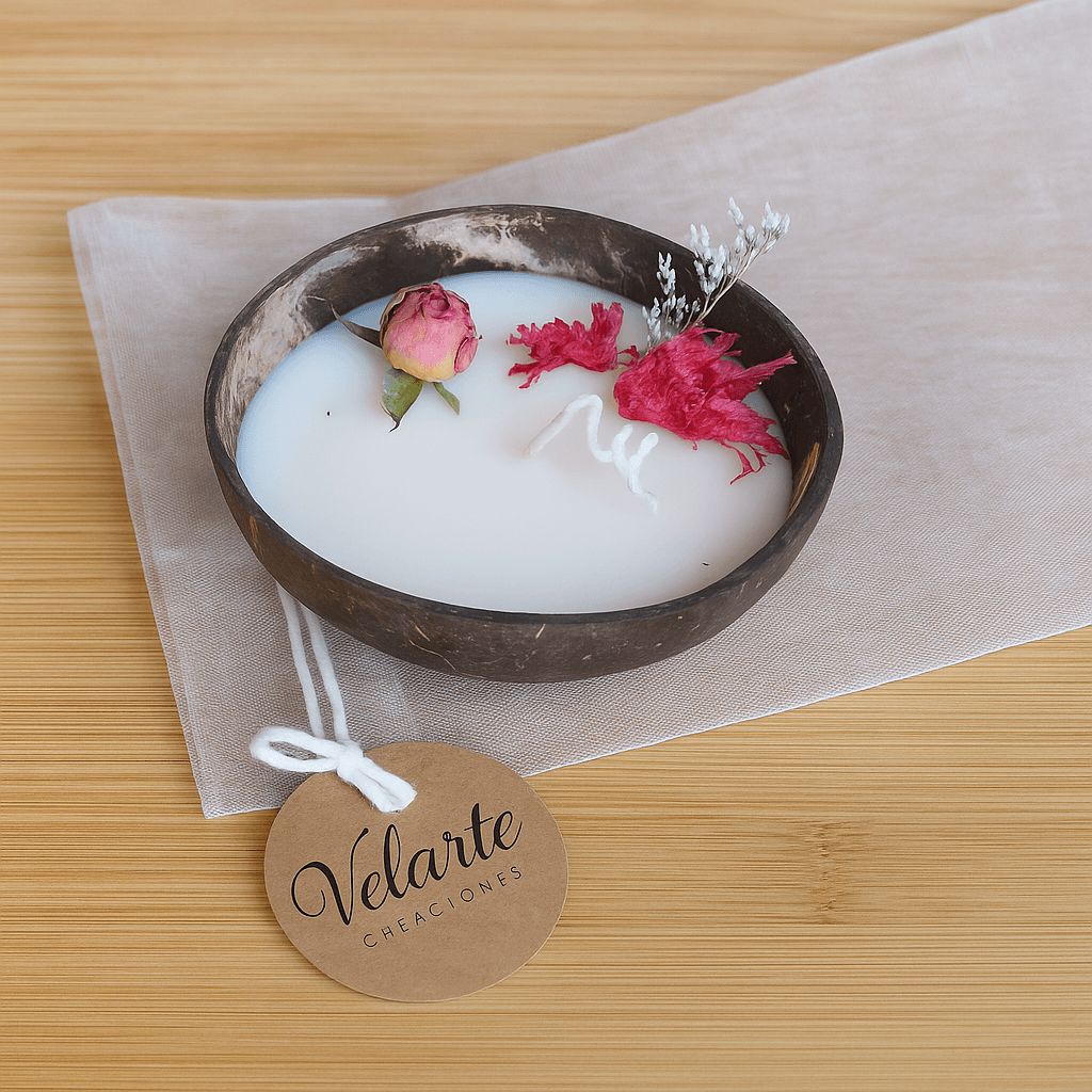 Small soy wax candle in a coconut bowl by Velarte, featuring a natural and cozy aesthetic with soft candlelight.