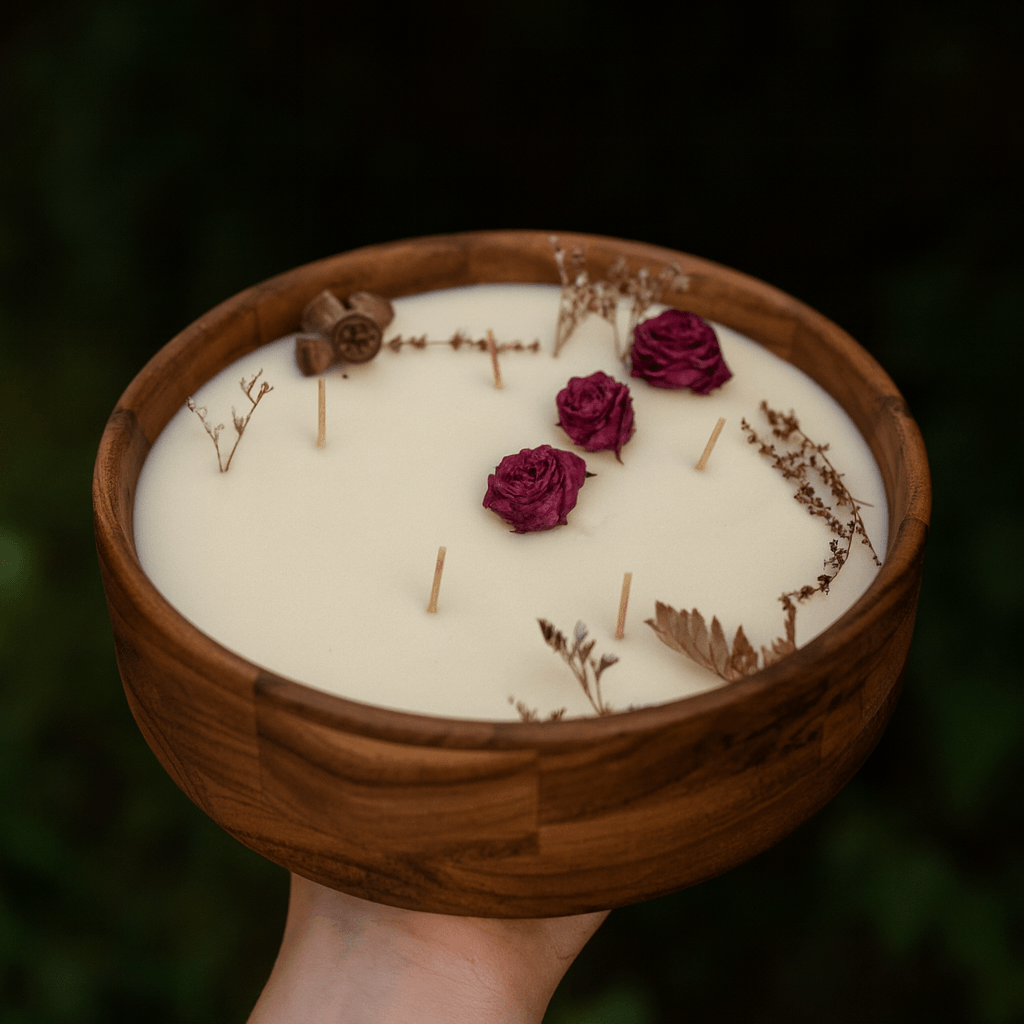 Soy wax candle in a wooden bowl by Velarte, showing a warm, rustic candle with a natural wooden container.