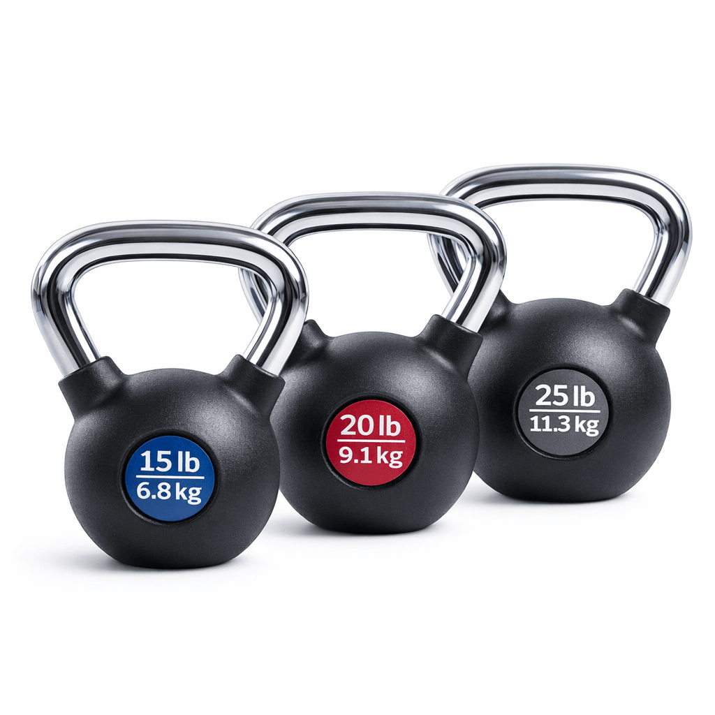 VIKING FITNESS C-628 rubber kettlebell with chrome handle for strength training and functional fitness exercises.