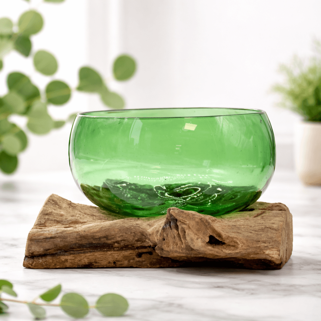Recycled beer bottles with a wide bowl shape displayed on a wooden surface, modern home decor by AW GIFTS.