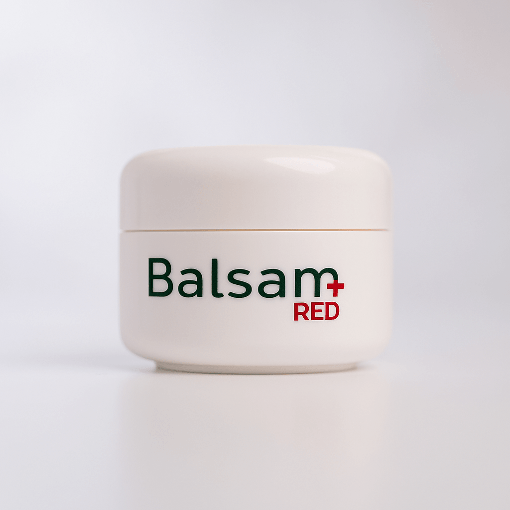 Balsam+ RED Intensive Herbal Relief Cream by EPTAGON in a 50ml jar, showing the herbal cream with red accents.