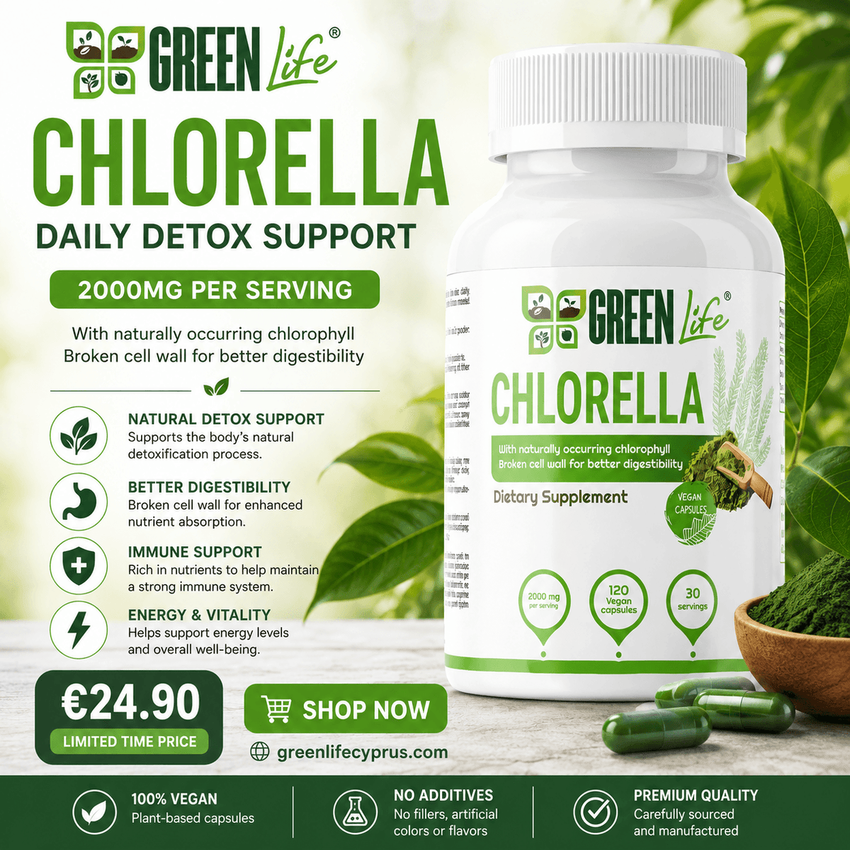 Green Life Cypruss Green Life Chlorella vegan capsules for daily detox, 2000mg, 120 capsules, 30 servings, natural supplement