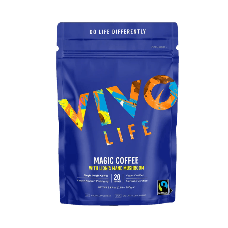 Vivo Life Magic Organic Coffee with Lion’s Mane Mushroom in a coffee mug, showcasing a brewed coffee with a rich, inviting appearance.