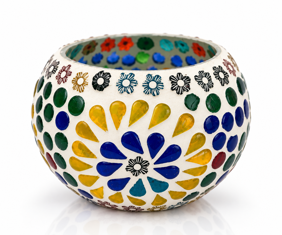 Colorful floral mosaic tealight candle holder from GREEN LIFE WORLD, bohemian-style home decor with intricate glass patterns.