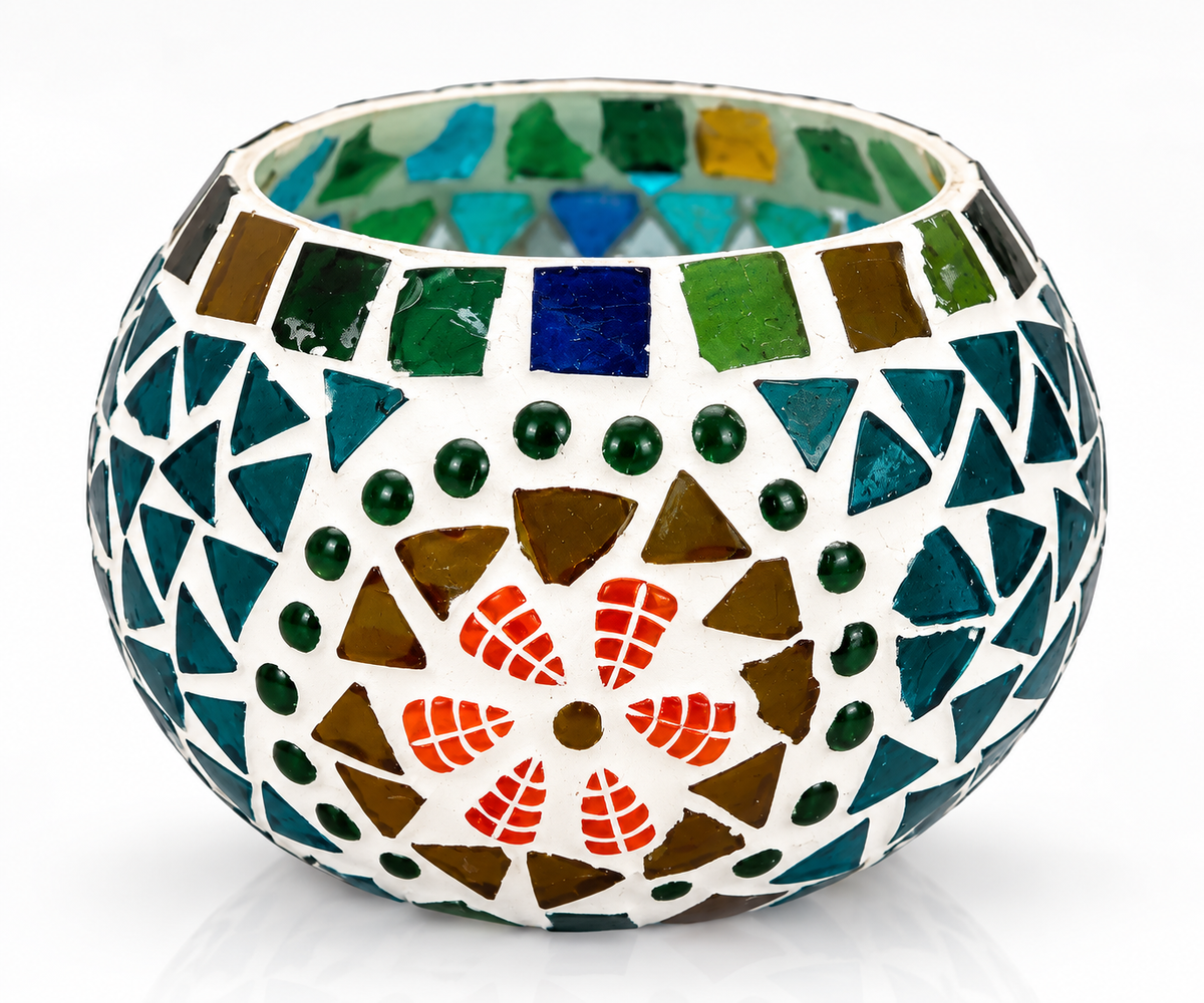 Colorful rainbow jewel mosaic tealight candle holder showcasing vibrant glass tiles, ideal for home decor by GREEN LIFE WORLD.