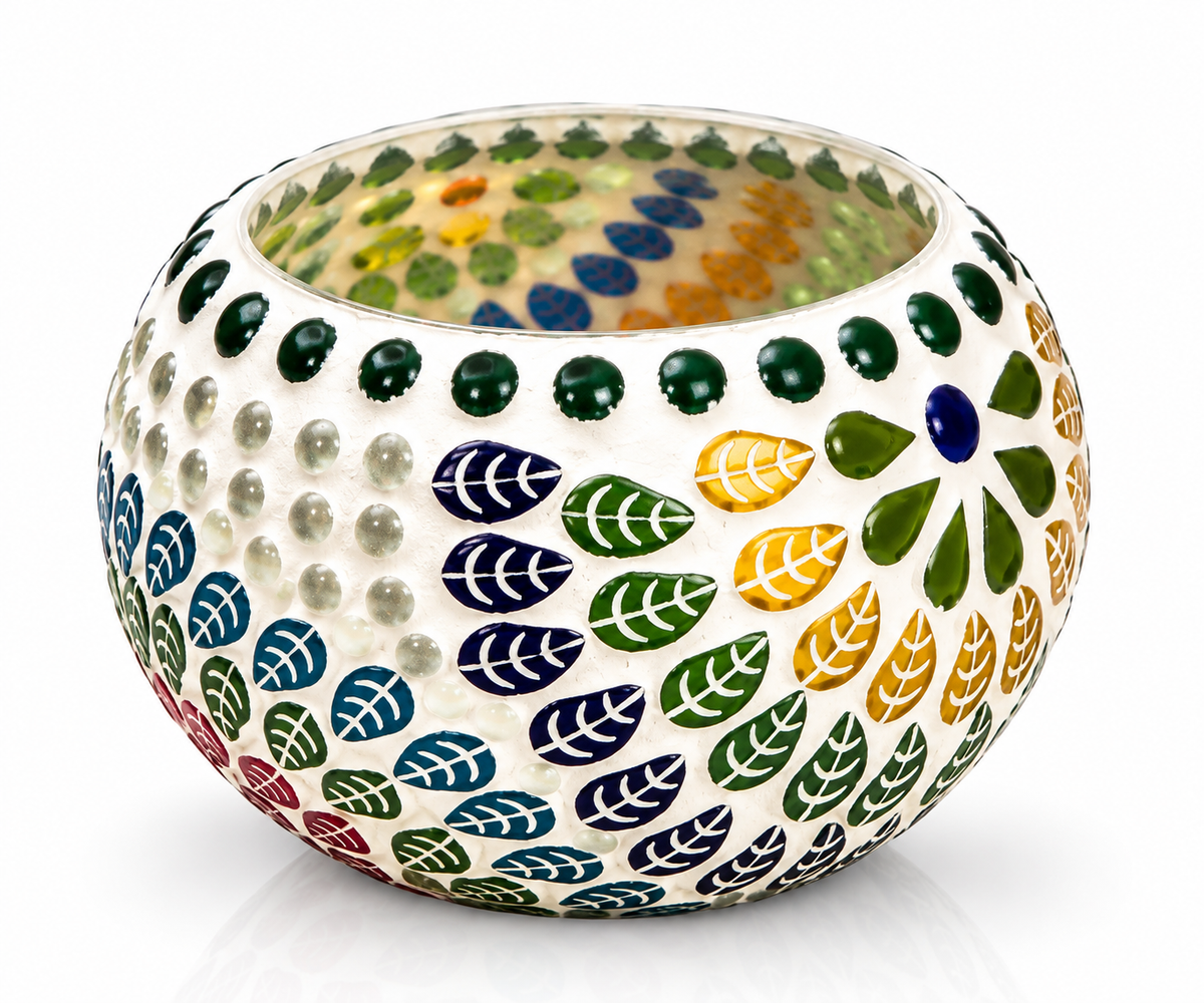 Colorful mosaic leaf tealight candle holder from GREEN LIFE WORLD with intricate glass design for decorative accessories.