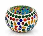 Colorful mosaic glass tealight candle holder from GREEN LIFE WORLD, vibrant rainbow jewel design for home decor.