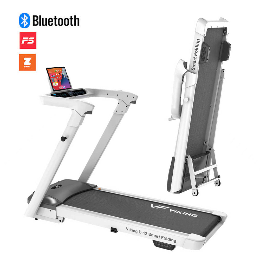 Green Life World D-12 Smart Folding Treadmill with sleek design, digital display, and compact frame for home fitness.