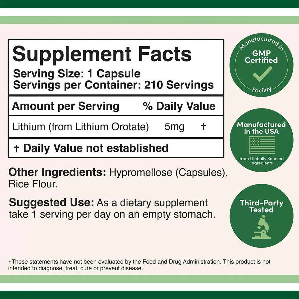 Double Wood Supplements Lithium orotate 210 Capsules | 1 Capsule Per Serving