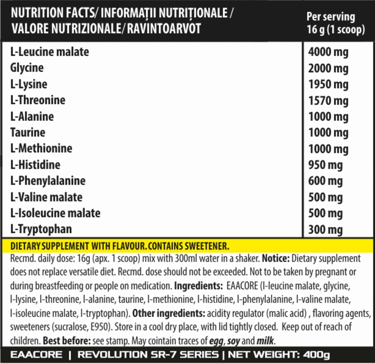 EAACORE 400g Genius Nutrition amino acid supplement with 25 servings, featuring EAA amino acids in a sleek container.
