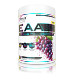 Genius Nutrition EAA-X5 supplement in 360g grape flavor, featuring a container of amino acid powder with a purple label.