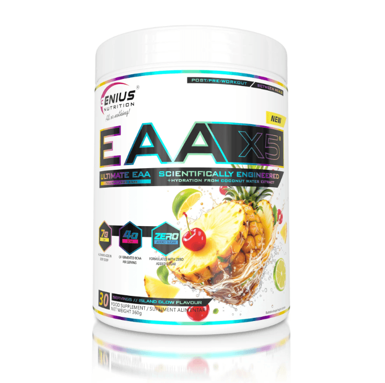 Genius Nutrition EAA-X5 supplement container with island glow design, featuring amino acids and energy blend for muscle recovery.