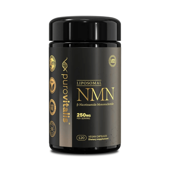 HERBALISTAS Liposomal NMN supplement in vegan capsules, showing the bottle with 120 capsules for boosting energy and longevity.