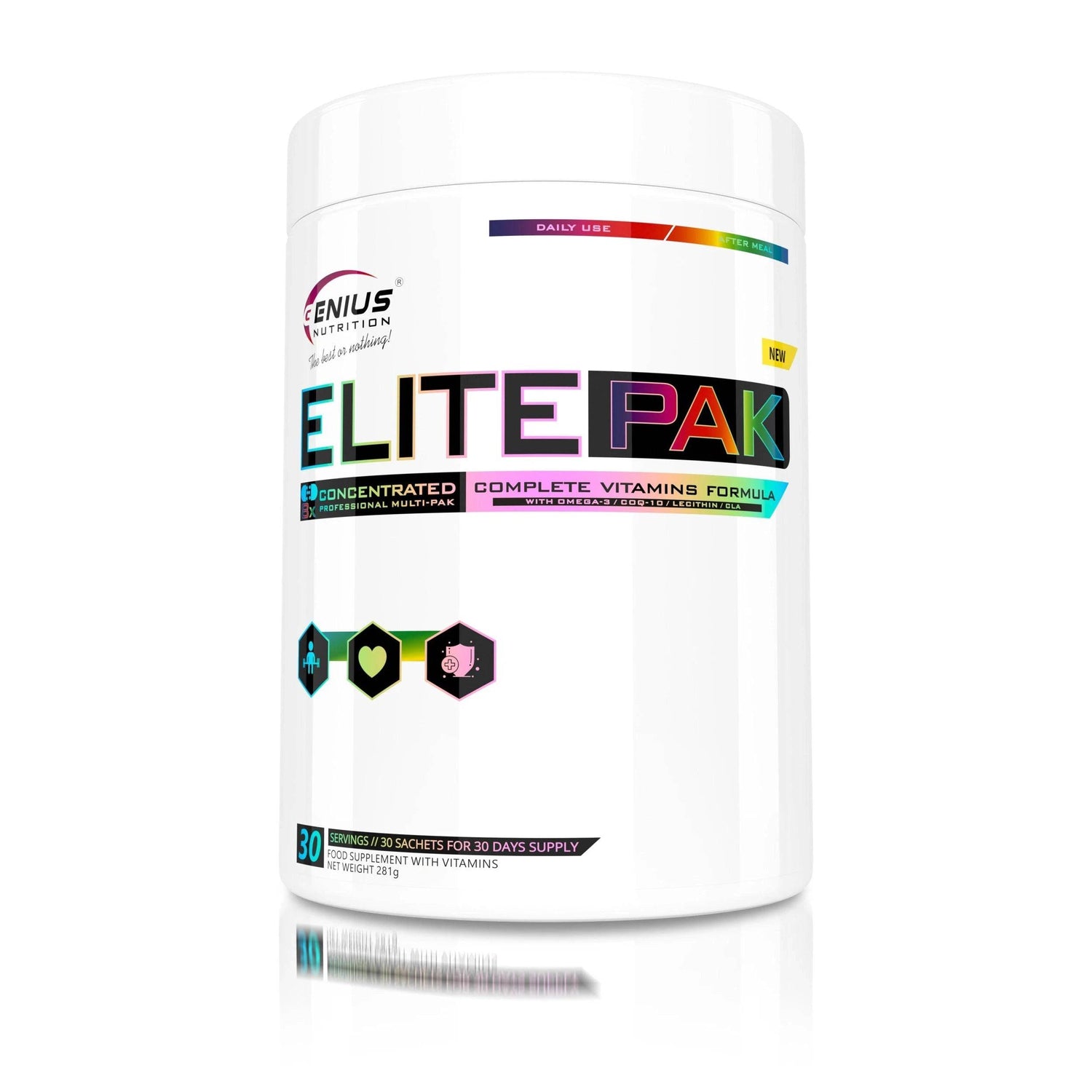 Genius Nutrition ELITEPAK supplement box with 30 individual packs, containing dietary supplements for daily nutrition